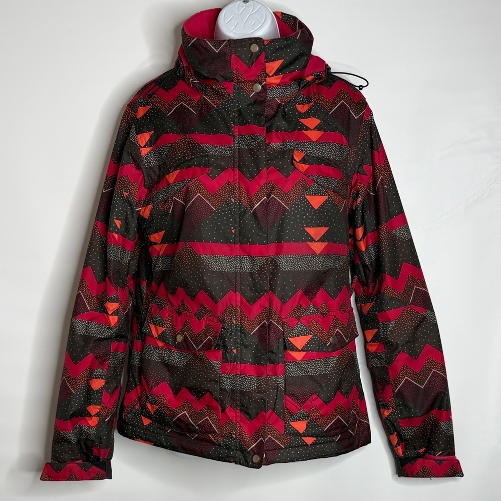 SIMS women's ski/snowboarding hooded jacket with a geometric print.